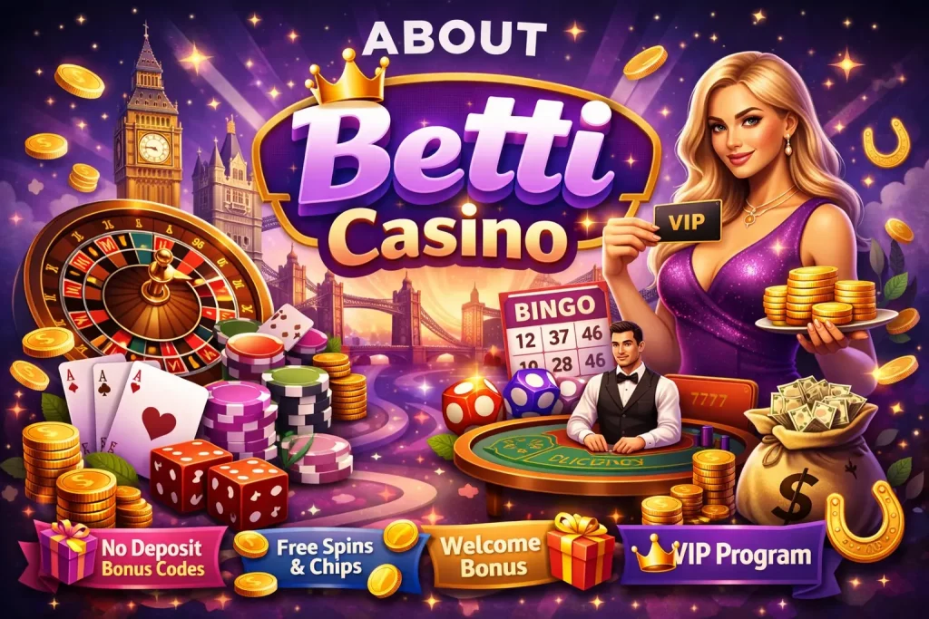 Betti Casino about page illustration with UK theme, roulette, poker chips, VIP program, bonuses, and casino games in a vibrant purple design