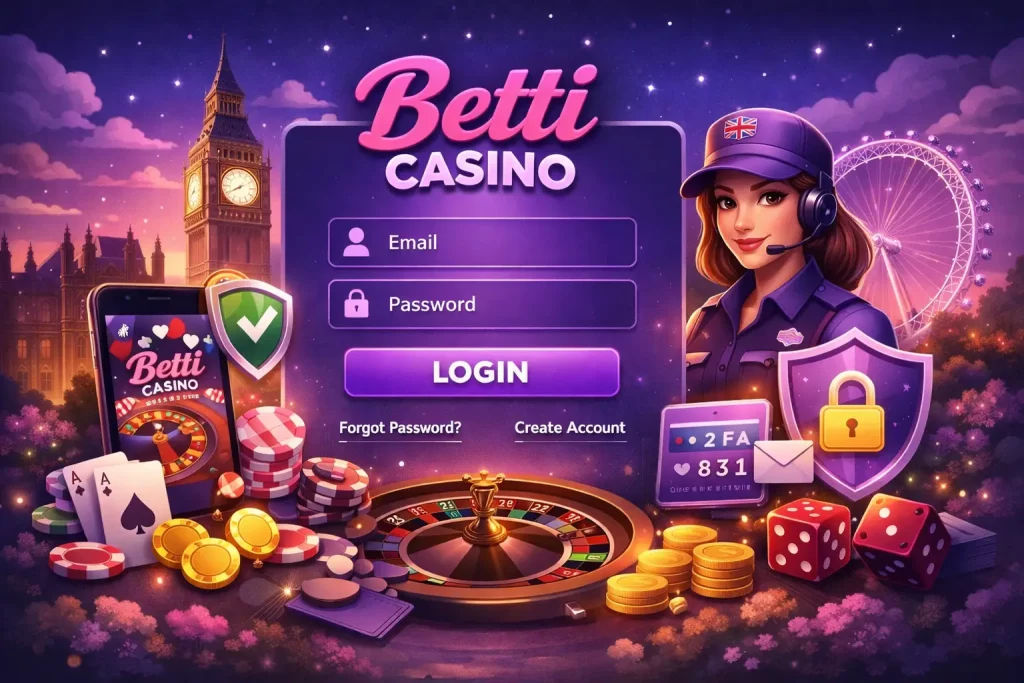 Betti Casino Login page illustration with secure account access, mobile app interface, casino games and UK theme background