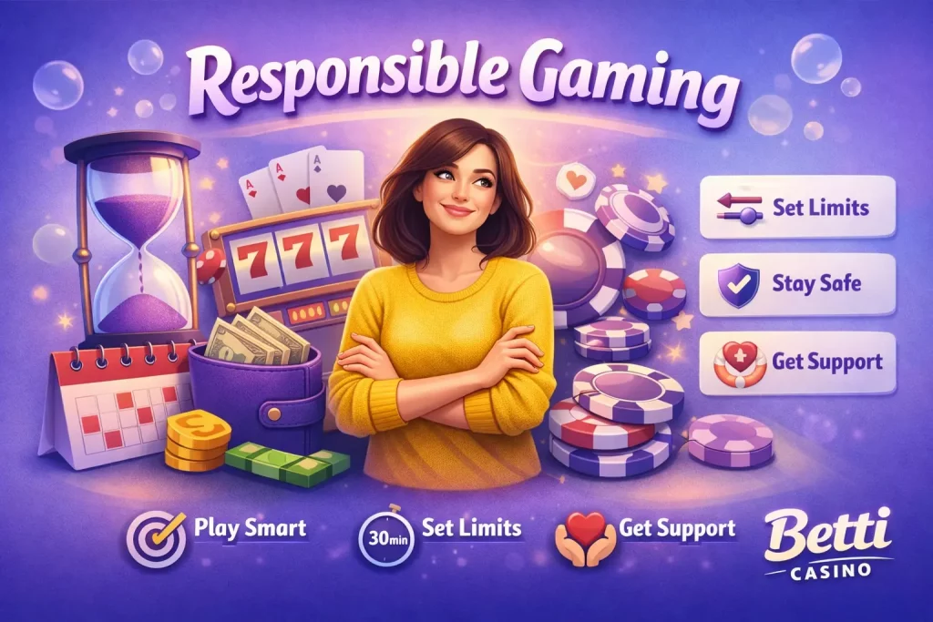 Responsible gaming illustration with player setting limits, casino elements, safety icons, and Betti Casino branding in a purple theme