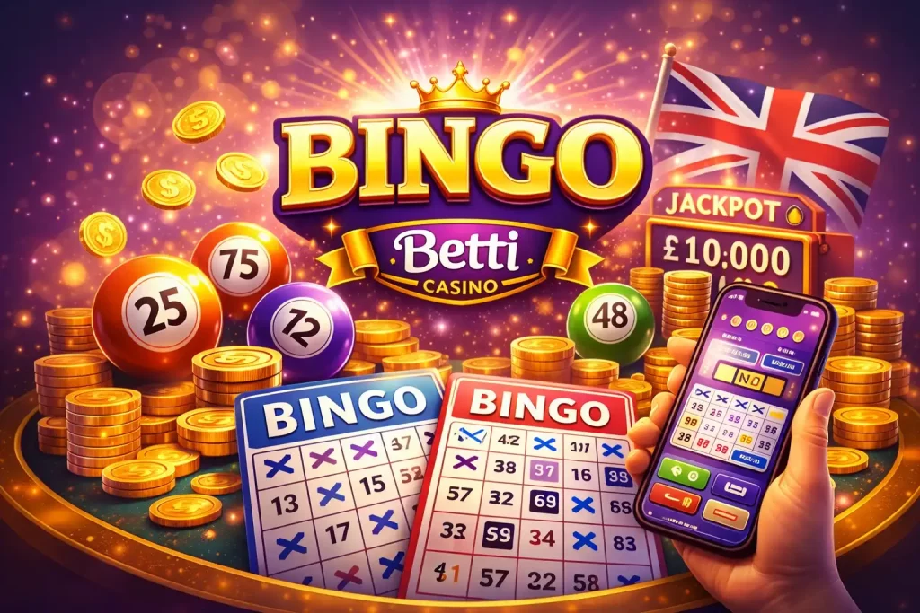 Betti Casino Bingo UK – colorful bingo balls, tickets and coins with glowing jackpot and vibrant casino theme
