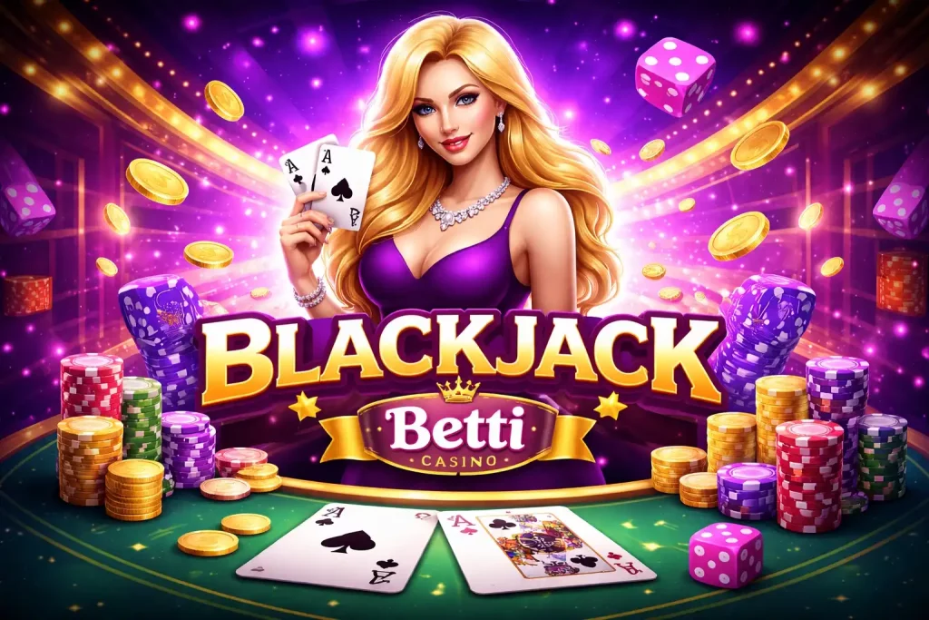 Betti Casino Blackjack UK – purple themed casino illustration with playing cards, chips and glowing table scene