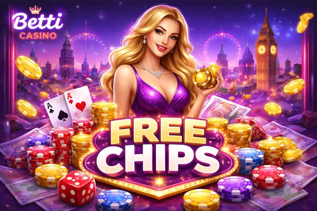 Betti Casino free chips promotion with poker chips, dice, cards and coins in a vibrant purple theme with London skyline background