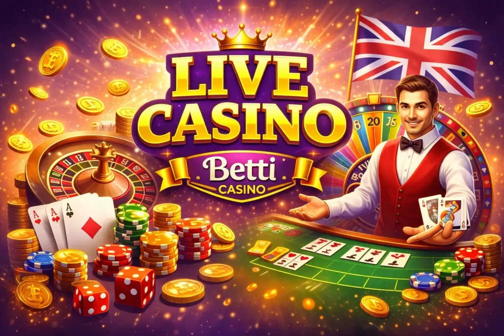 Betti Casino Live Casino UK – vibrant scene with roulette, cards, chips and glowing real-time casino atmosphere
