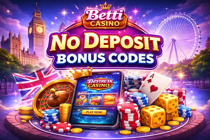 Betti Casino no deposit bonus codes illustration with smartphone, casino chips, roulette wheel and UK landmarks in a vibrant purple gaming theme
