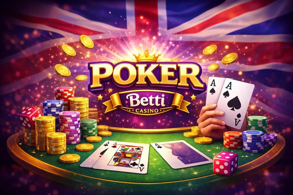 Betti Casino Poker UK – vibrant poker table scene with chips, playing cards and glowing casino elements