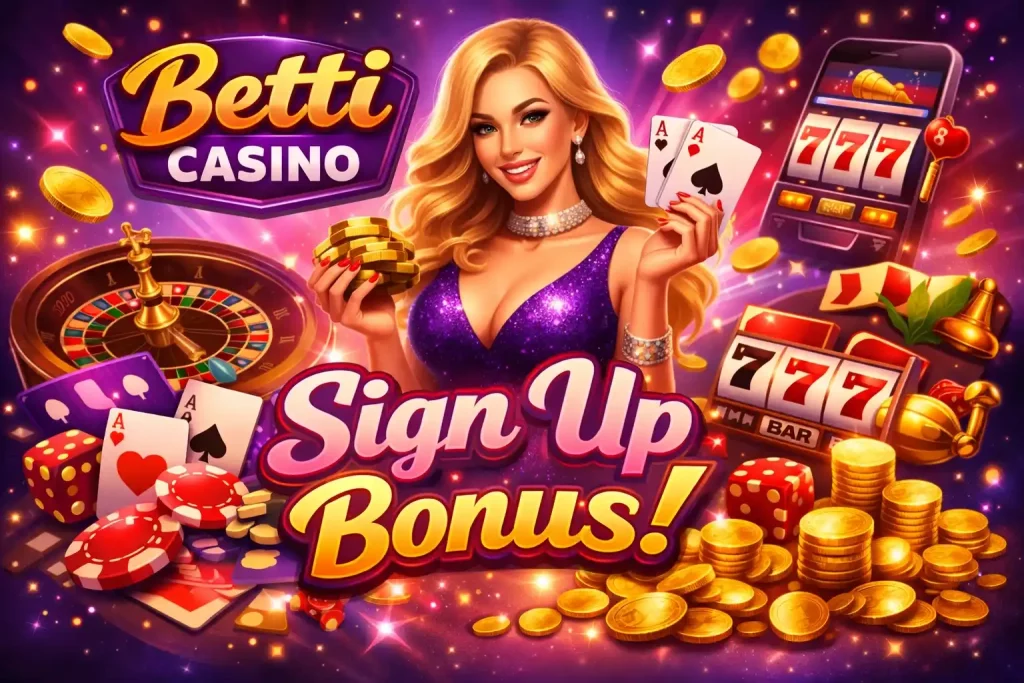 Betti Casino sign up bonus illustration with casino chips, cards, roulette wheel, and gold coins in a vibrant purple gaming theme