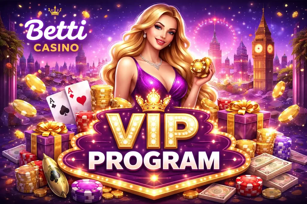 Betti Casino VIP Program illustration with luxury casino chips, gold coins, cards and glowing purple theme set against a UK city skyline