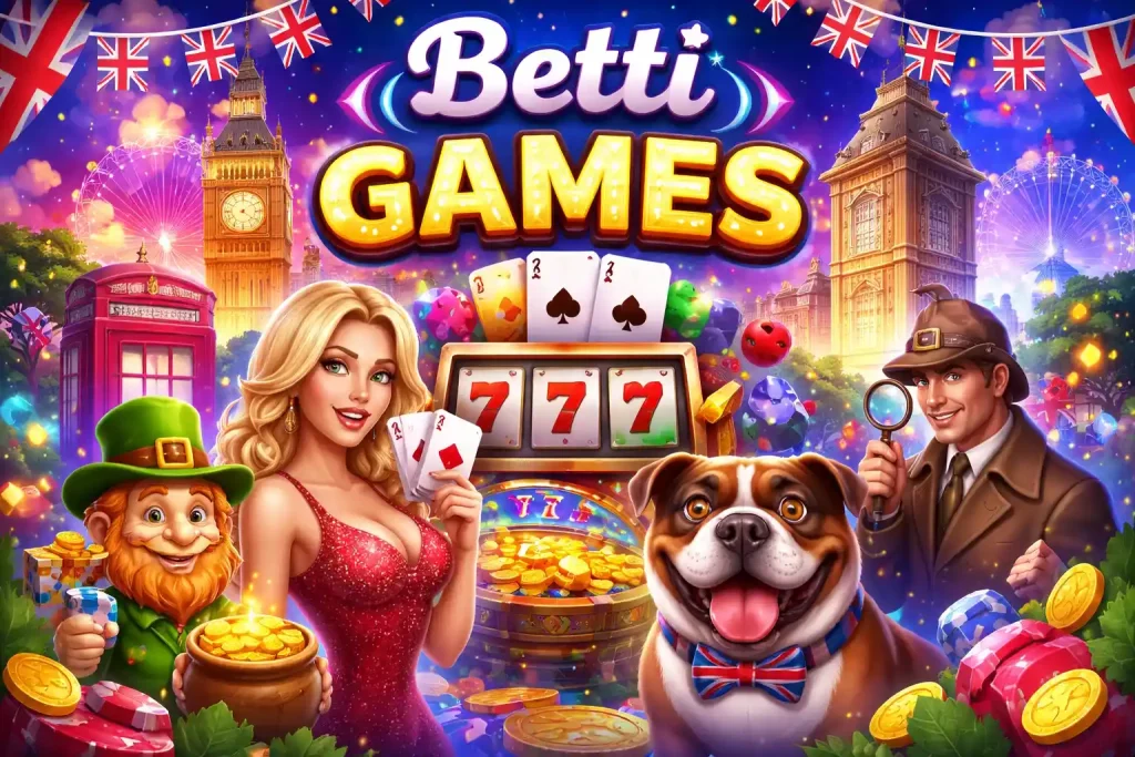 Betti Casino Games UK themed illustration featuring slot machine, playing cards, casino chips, and iconic London landmarks with vibrant neon lights and festive atmosphere