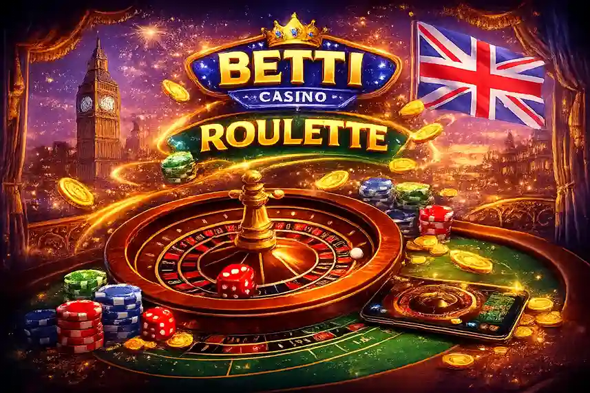 Betti Casino Roulette UK – golden roulette wheel with chips and coins, British theme with Big Ben and Union Jack, luxury casino gaming illustration