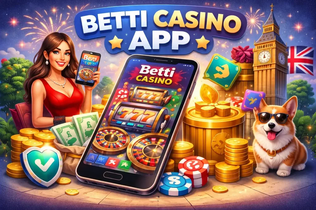 Betti Casino app illustration showing mobile casino gameplay on smartphone, UK-themed elements, slot machine and roulette interface, secure gaming features, and modern mobile experience for UK players