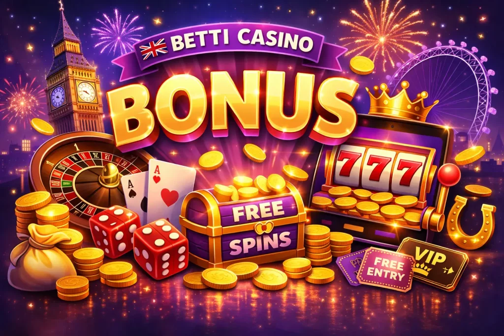 Betti Casino Bonus illustration with free spins, VIP rewards, casino games, jackpot slots and UK London skyline background
