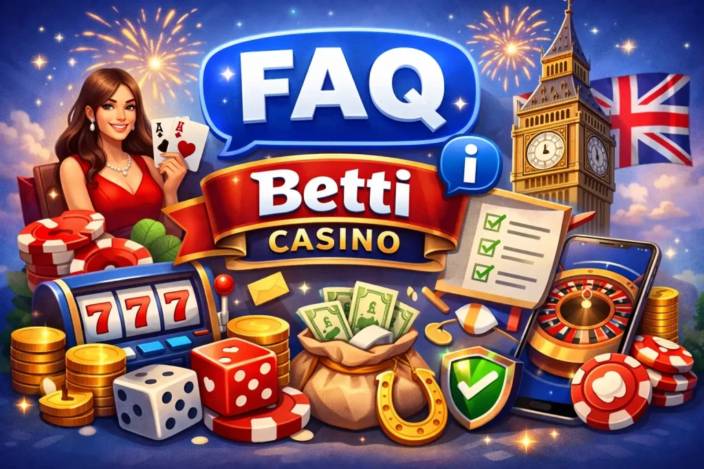 Betti Casino FAQ illustration featuring UK-themed casino elements, mobile gaming interface, security checklist, slot machine, roulette wheel, and British symbols representing safe and accessible online gambling for UK players