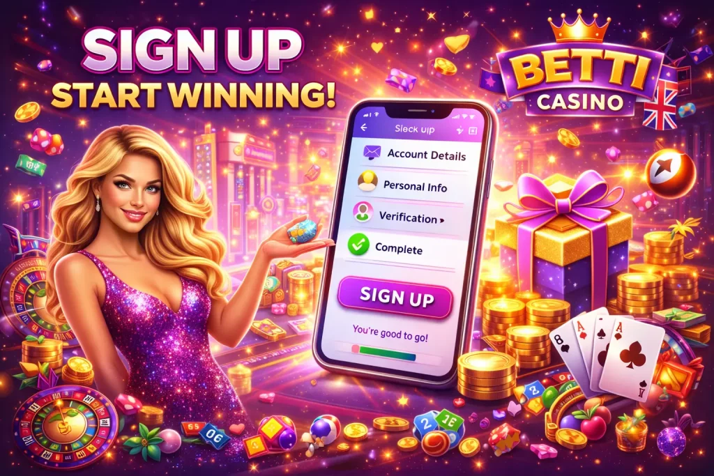 Betti Casino sign up illustration with mobile registration steps, casino games, welcome rewards and UK theme background