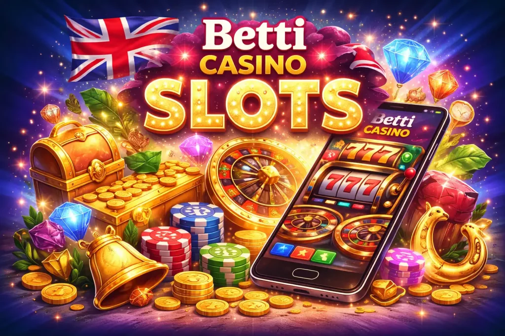Betti Casino Slots illustration featuring mobile slot gameplay, 777 symbols, roulette wheel, gold coins, and UK-themed elements representing an immersive online slots experience for UK players